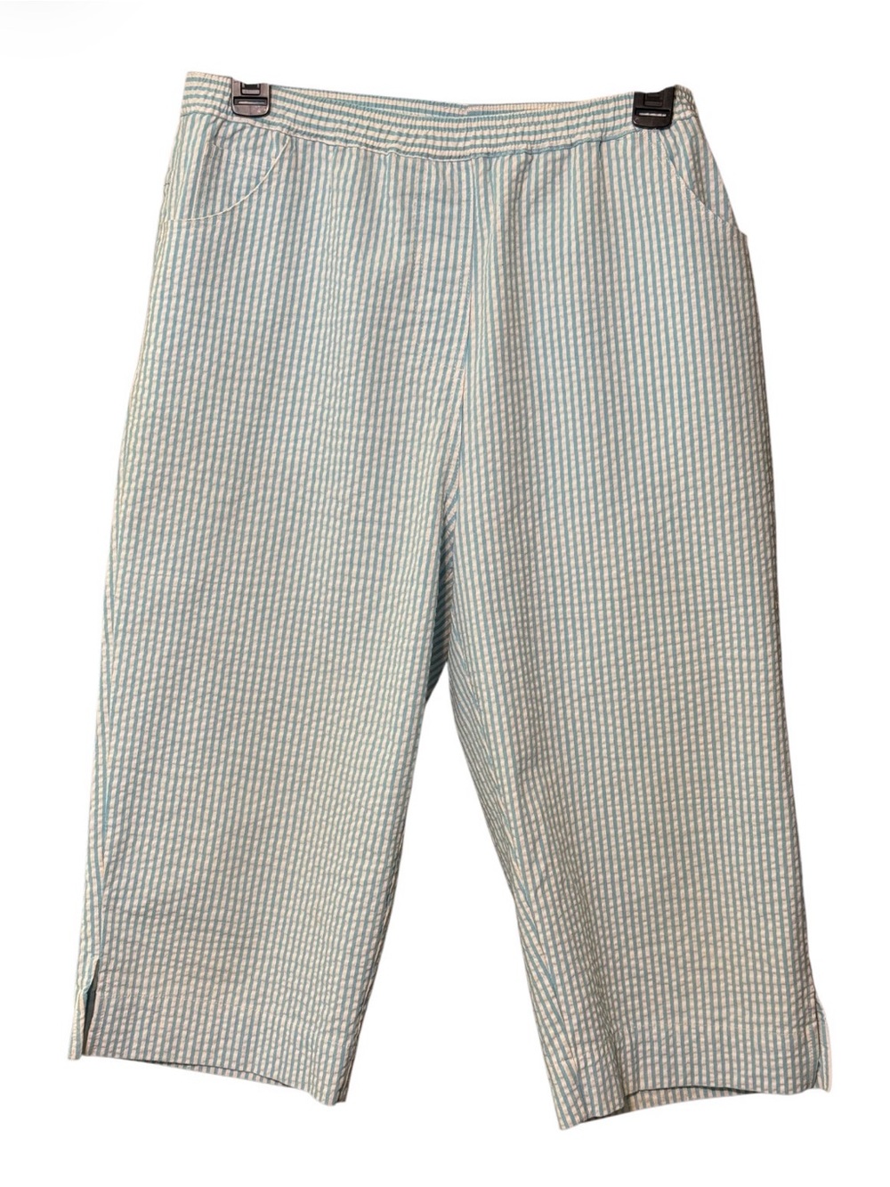 Quacker Factory Aqua White Seersucker Crop Pants Medium Pull On Capri - Picture 2 of 4